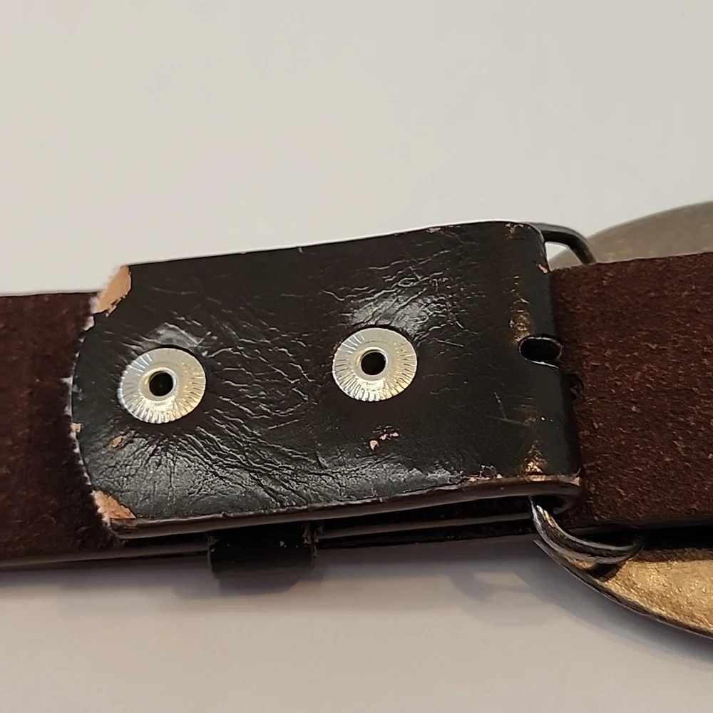 Western Belt Buckle Oval Embellished Brown & Brass Tones W/ Brown Belt